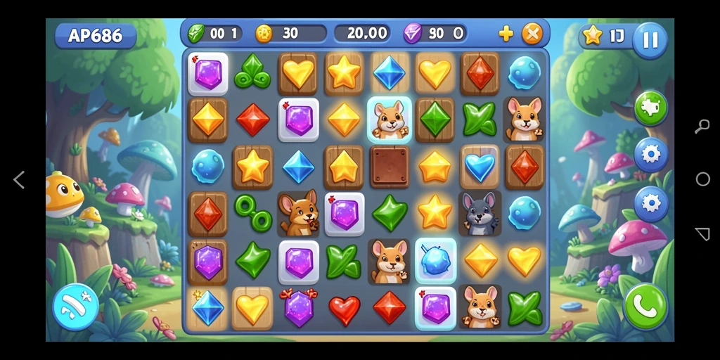 Screenshot AP686 menampilkan kombinasi warna-warni dalam gameplay Match-3.