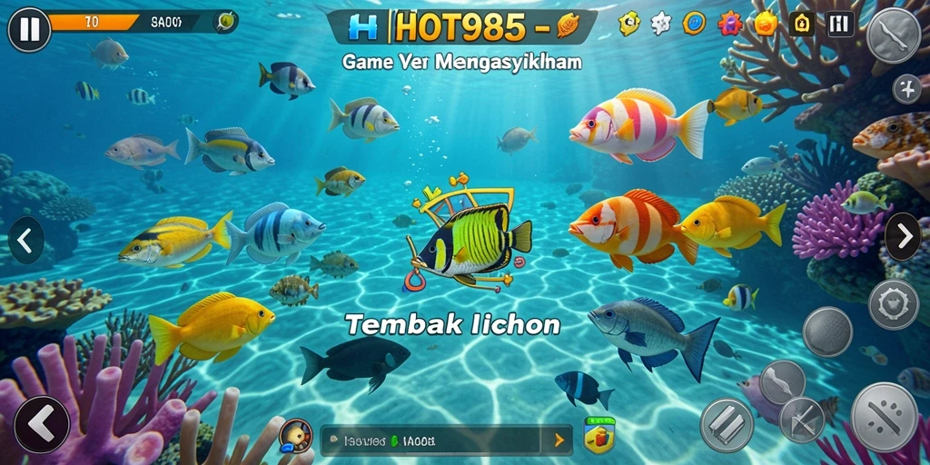 Tampilan gameplay HOT985 yang seru dengan ikan berwarna-warni.