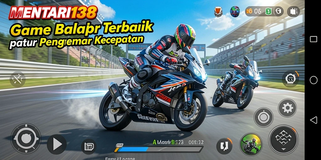Screenshot utama MENTARI138 memperlihatkan aksi balap motor yang seru.